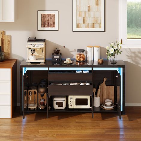 FOERPL-Modernes Wohnzimmer-Sideboard 160 x 35 x 75 cm mit LED-Beleuchtung, Stauraum mit 2 Schubladen und 4 Türen, Hochglanz-Sideboard, geeignet für Esszimmer und Küche