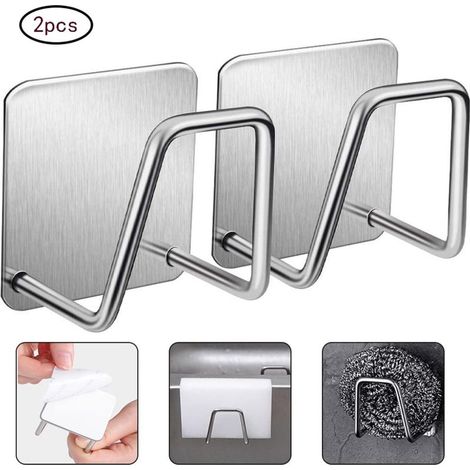 Porte-éponge autocollant en 2 pièces, support pour évier de cuisine, crochet pour vêtements, avec 2 crochets adhésifs transparents, sans perçage, acier inoxydable, étanche, crochets multifonctionnels (1/5)