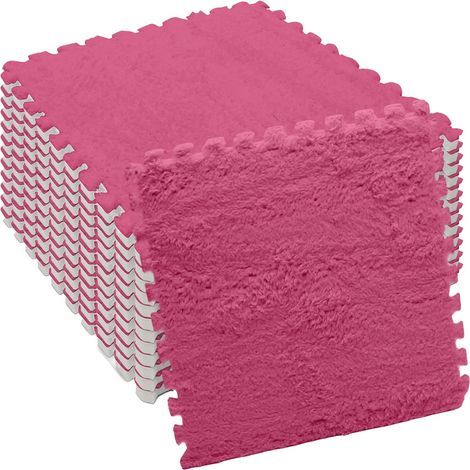 Lot de 12 dalles de sol emboîtables en mousse pelucheuse pour salon, chambre à coucher, 30 x 30 x 1 cm, pour salon, chambre à coucher (rouge rose) (1/5)
