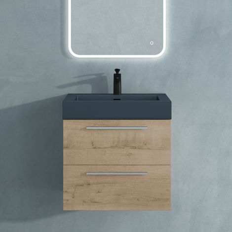 Mai & Mai Meuble de Salle de Bain Chêne Clair 60cm Meuble sous Vasque Quadratto Meuble Suspendu avec Vasque (1/5)