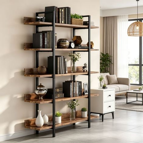 Étagère haute autoportante à cinq niveaux avec panneau arrière, étagère de rangement avec compartiments spacieux, étagère multifonctionnelle pratique, bibliothèque, pour salon et bureau (étagère de ra (1/5)