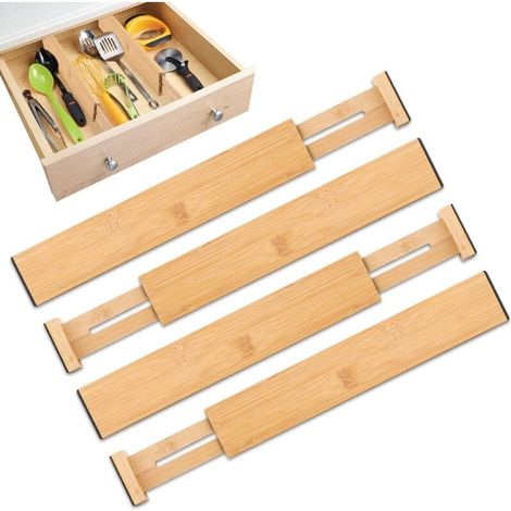 Lot de 4 Separateur Tiroirs Separateur Tiroir Cuisine Organisateur Tiroir Cuisine Réglable Séparateurs de Tiroir en Bambou Organisateur de Tiroir À Ressort pour Cuisine Chambre Commode 566cm (1/5)