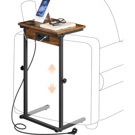 Table d’Appoint en Forme de C, Table pour Canapé avec Station de Recharge, Réglable en Hauteur, Plateau pour TV, pour Petits Espaces, Salon, Chambre, Bureau, Marron Rustique et Noir (1/5)