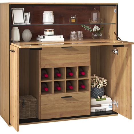 Buffet à vin avec portes doubles, étagères à bouteilles, séparateur en verre et LED 16 couleurs, meuble de rangement pour salon, bois clair et noir  CHICFURN (1/5)