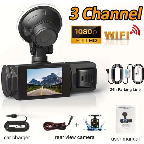 Caméra embarquée (carte SD 64 Go, kit de câblage 3 canaux), compatible Wi-Fi, vision nocturne HD 1080p (carte SD 64 Go, kit de câblage 3 canaux). Vision nocturne. (1/5)