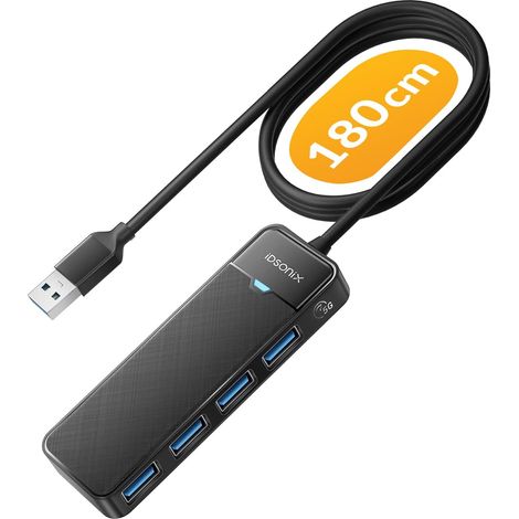 Hub USB 3.0 avec câble étendu de 180 cm de Long, 4 Ports USB 3.0 Ultra Fin, répartiteur Multi-Ports USB, Adaptateur multiport USB pour Ordinateur Portable, PC, MacBook, clés USB (1/5)