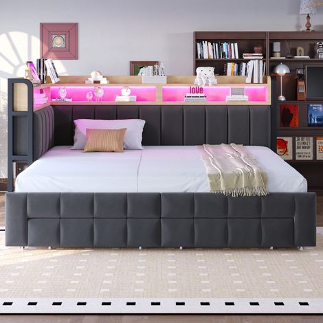 Canapé-lit 90/180 × 200 cm avec lit gigogne, tiroirs de rangement, étagère et compartiments de rangement, éclairage LED, ports USB et Type-C, revêtement en velours gris foncé (1/4)