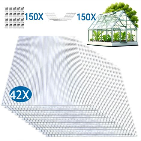 Jiubiaz 42 placas de policarbonato alveolar transparente de 4 mm, 60,5 x 121 cm, 30,75 m², con 150 clips W y 150 clips Z (1/5)