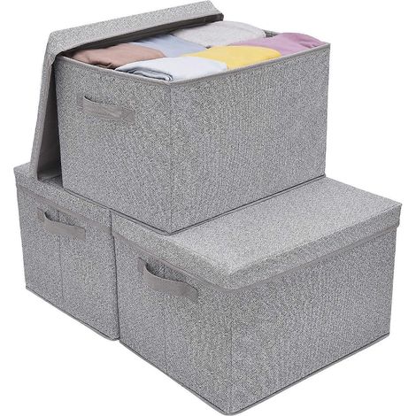Boîtes de rangement rectangulaires pour placard, paniers de rangement en tissu avec couvercles et poignées, gris, très grand format, lot de 3 (1/4)