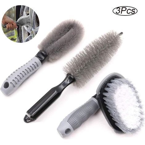 3 Pièces Kit de Brosses de Nettoyage de Roue de Voiture, Brosse de Roue pour en Alliage, Outil de Lavage de Brosse de Pneu, pour Roues, Jantes, Tuyaux D'éChappement, Voitures, Motos- (1/5)