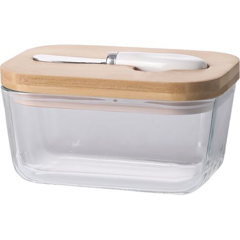 Butterdose aus Glas mit Bambusdeckel und Messer, luftdichter Verschluss für optimale Frische, große Butterdose, geeignet für Butter von der Ost- und Westküste, hochwertige Butterdose aus Glas