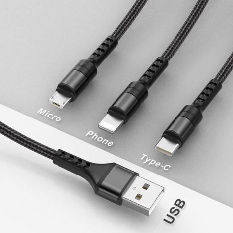 Câble Multi Usb - Micro Usb - Usb Type C - 1 2 M - Nylon Tressé - 5 V 2 A - 8000 Flexions (1/4)
