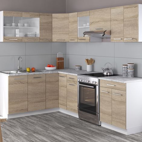 Cucina ad angolo Rick, Bianco/Sonoma, 247 x 167 cm , PL Marmo con striscia LED, Vicco
