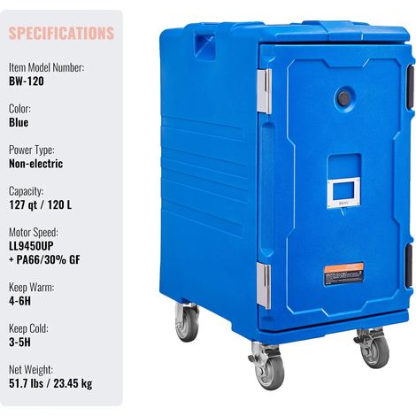 Bolsa térmica para alimentos, diseño aislado, portátil y fácil de transportar, azul, 120 L, ruedas grandes. (1/2)