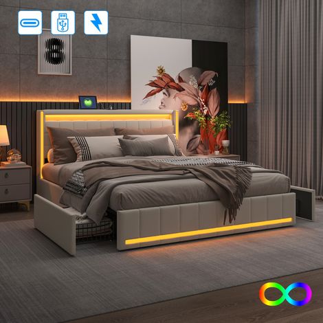 Lit double adulte 140x190 cm avec 4 tiroirs, rangement, éclairage LED, tête de lit avec ports USB et Type-C, revêtement en lin beige