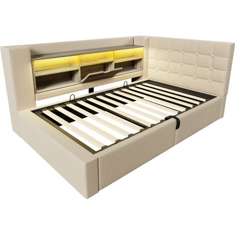 Lit rembourré 90x200 cm, lit simple avec éclairage LED, rangement hydraulique, tête de lit en L avec rangement, montage réversible des deux côtés, sommier à lattes, tissu en lin, beige (sans matelas) (1/5)