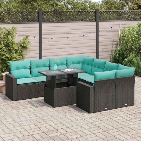 Salon de jardin 9 pièces en résine tressée noire avec table et coussins bleus - PANGIVO (1/5)