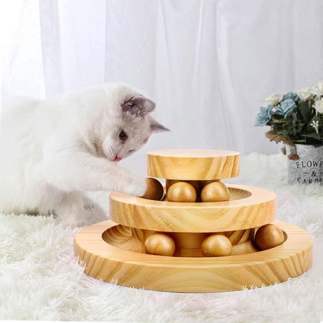 Accessoires pour chats : Jouet à roulettes amusant pour chat - Plateau tournant à billes en bois à double couche - Cadeau idéal pour votre chat (1/3)
