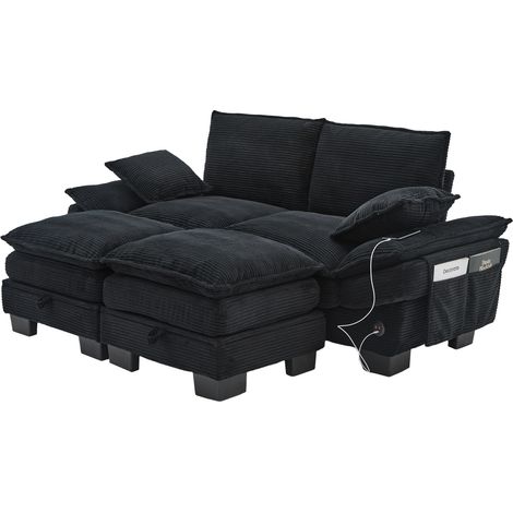 Canapé modulaire 2 places en velours côtelé (avec 2 poufs) – assise large, design ergonomique, rembourrage en mousse haute densité, port USB-C et poches latérales. Idéal pour le salon, le bureau ou un (1/5)
