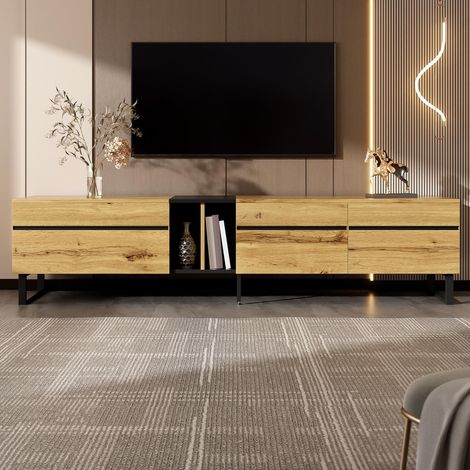 Meuble TV 180x38x45 cm, Buffet bas de salon avec grand rangement et porte abattante, Style moderne et minimaliste en panneaux de particules, Bois (1/5)