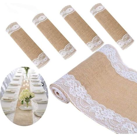 Juego de 5 caminos de mesa de yute, 30x275 cm, encaje, estilo vintage, para bodas. (1/5)