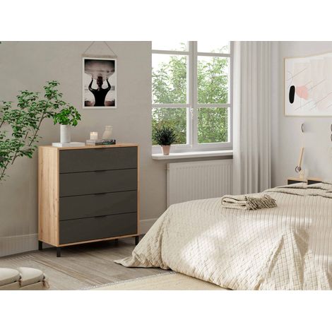 Cassettiera Rochester, Settimanale a 4 cassetti, Mobile Comò per camera da letto, Comò moderno, 76x40h94 cm, Rovere nodi e Antracite (1/5)