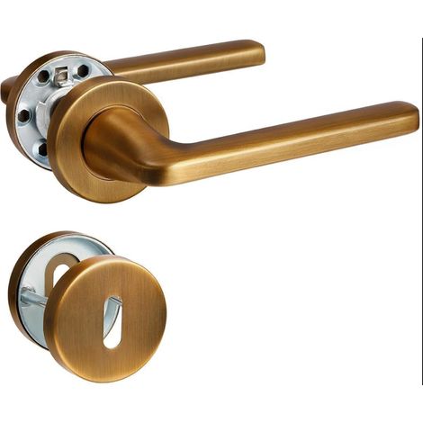 Poignée de Porte laiton antique, Garniture en Acier Inoxydable Mat, d'Entrée et Intérieure, Forme en L, Rosace Ronde, BB - de Lit (1/5)