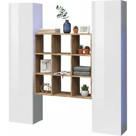 Dmora - Credenza Acerenza, Set da soggiorno a 2 ante e ripiani, Buffet da soggiorno, Madia da cucina, 100% Made in Italy, cm 170x30h180, Bianco lucido e Acero (1/5)