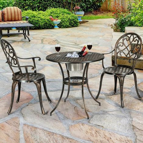 Pour balcon et jardin profitez de boissons fraîches avec ce salon bistrot 3 pièces en fonte d'aluminium et seau à glace (1/5)
