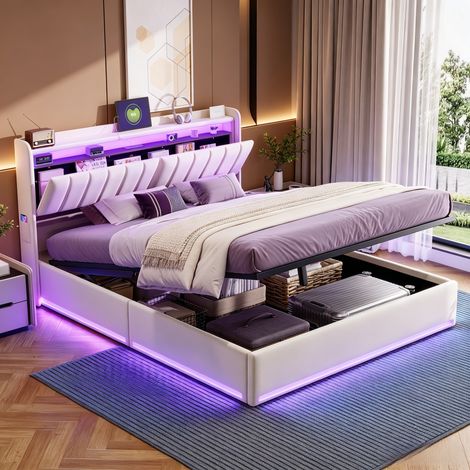 JOOKGBD-Polsterbett Doppelbett 160x200 cm,Hydraulisches Bett mit Bettkasten und Lattenrost,Jugendbett,Staufach-Kopfteil mit LED und USB Ladestation, Stauraumbett Funktionsbett,Samt,Ohne Matratze,Beige