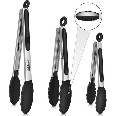 Ensemble de 3 pinces de cuisine en acier inoxydable noir avec anneau de suspension lavable au lave vaisselle trois tailles adaptées au barbecue salade viande et poisson (1/5)