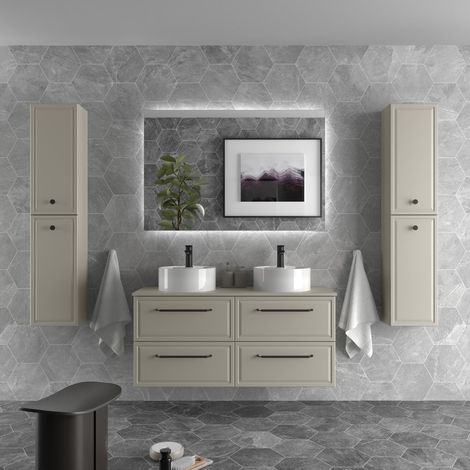 Mueble de Baño RUNA 140cm Gris mate 4 cajones Lavabo sobre encimera 2 pozas Porcelana (1/5)