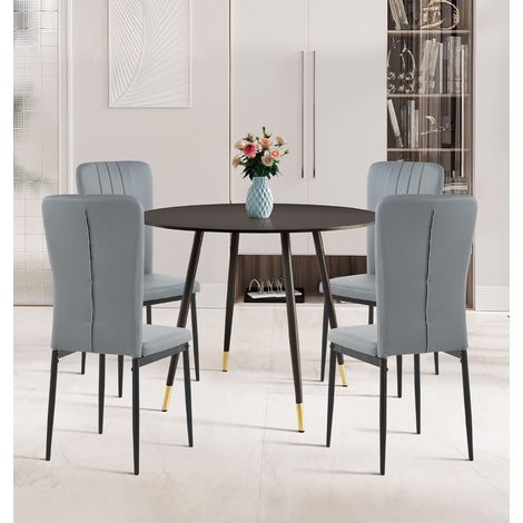 Hallowood Furniture Finley Small Dining Table and Chairs Set 4, Modern Black Round Dining Table with Four Light Grey Faux Leather Chairs, Perfect for Kitchen, Office, or Café Spaces (1/5)