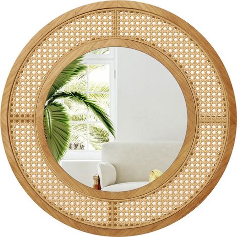 Ø 65 cm Miroir Mural Rond Décoratif Cadre Bois Style Rotin Bohème Reflet Net sans Déformation (1/5)