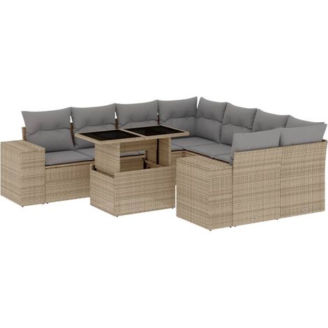 vidaXL Set Divano da Giardino 9 pz con Cuscini Beige in Polyrattan (1/5)