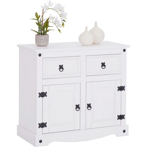 Idimex – Buffet en pin massif blanc – 2 tiroirs et 2 portes battantes – Dimensions 76 x 87 x 40 cm – Style mexicain et campagnard (1/7)