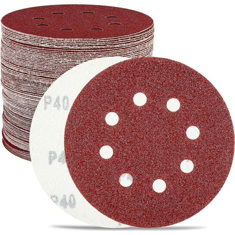 Disques abrasifs, lot de 100, 125 mm, grains P40/P60/P80/P100/P120/P150/P180/P240/P320/P400, 8 trous pour ponceuse orbitale (1/5)