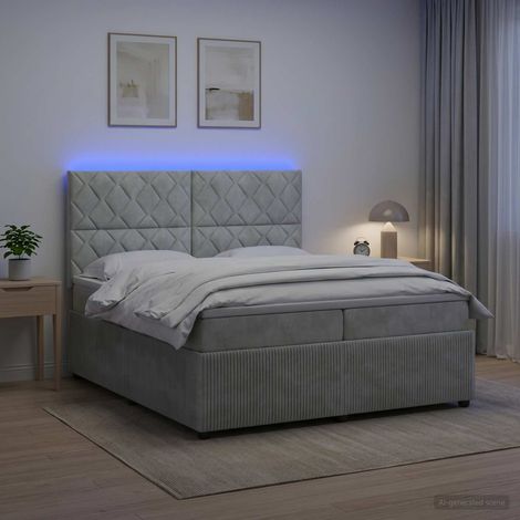 Lit boxspring LED avec matelas Gris clair 200 x 200 cm Velours (1/5)