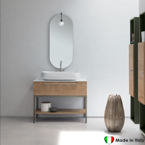 Composizione Mobile Bagno COMPAB da 96 cm - Made in Italy - Color Legno Naturale - Lavabo In Ceramica e Piano In Mineralguss (1/5)