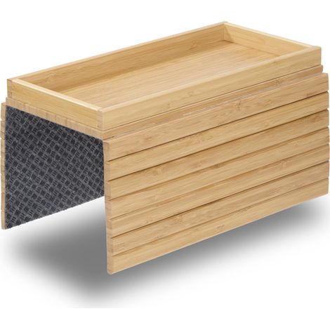 DETOR Plateau d'accoudoir pour canapé avec boîte de rangement 31,5x14cm, bambou finition naturelle, base en feutre antidérapant, lattes robustes, pour accoudoirs dès 15,5cm (1/5)
