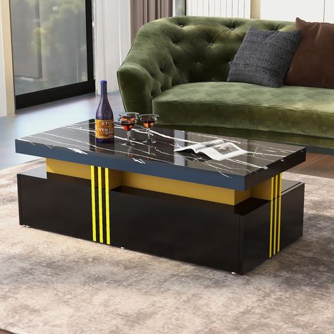 Table basse avec 2 tiroirs - planche à motifs marbre - style scandinave - Noir (1/5)