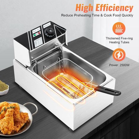 Friteuse électrique en acier inoxydable 6 l, 2500 W, friteuse à zones froides, friteuse à huile 60-200 °C, avec contrôle de la température, panier, pour famille, restaurants, cafés, pâtisseries (1/5)