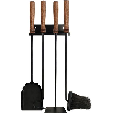 Wall-Mounted Fireplace Tool Set, Steel & Wood, 5-Piece (1/5)