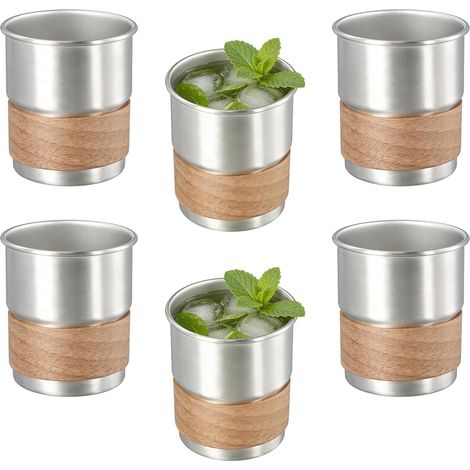 Lot De 6 Gobelets En Acier Inoxydable,300ml Gobelets Inox Avec Manchons En Bois,Gobelet De Camping Sans Poignée Légère Reutilisable,Double Tasse En Acier Inoxydable Empilable Isolée Pour Maison,Bureau (1/5)