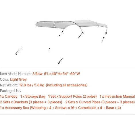 Toldo bimini para barco, tejido de poliéster 600D, estructura de aleación de aluminio, 54-60 pulgadas, gris claro. (1/2)