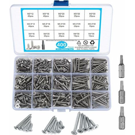 Vis Autotaraudeuses - Acier Inoxydable 304 - Tête Torx Fraisée - Pour Bois et Cloison Sèche - M3 M3,5 M4 - Longueurs 12 16 20 25 30 35 mm - 400 Pièces