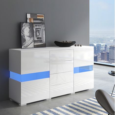 Credenza bianca lucida con LED a 16 colori 140x35x72 cm in MDF per soggiorno e sala da pranzo OKWISH (1/5)
