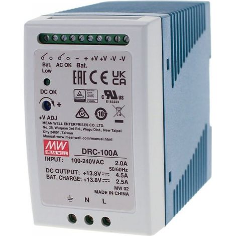 MW MEAN WELL DRC-100A Alimentatore AC/DC 100W montaggio Su Guida DIN con Funzione di Carica Batteria (UPS) Output 12Vdc at 4,5A