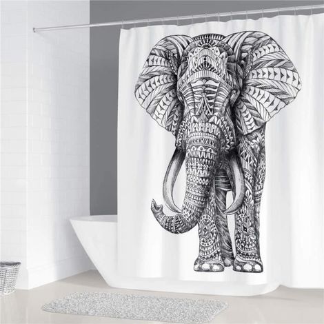 (Mehrfarbig) Duschvorhang mit afrikanischem Elefantenmotiv, Grau auf Weiß – 150 x 180 cm – Polyester – Modernes Design (1/4)