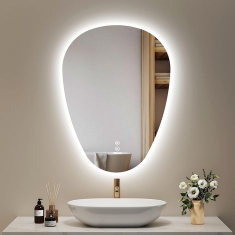 Miroir de Salle de Bain avec éclairage, 80 x 60 cm, Miroir asymétrique avec Tactile, 3 Couleurs de lumière, à intensité Variable, Anti-buée, avec éclairage, IP44, économe en énergie (1/5)